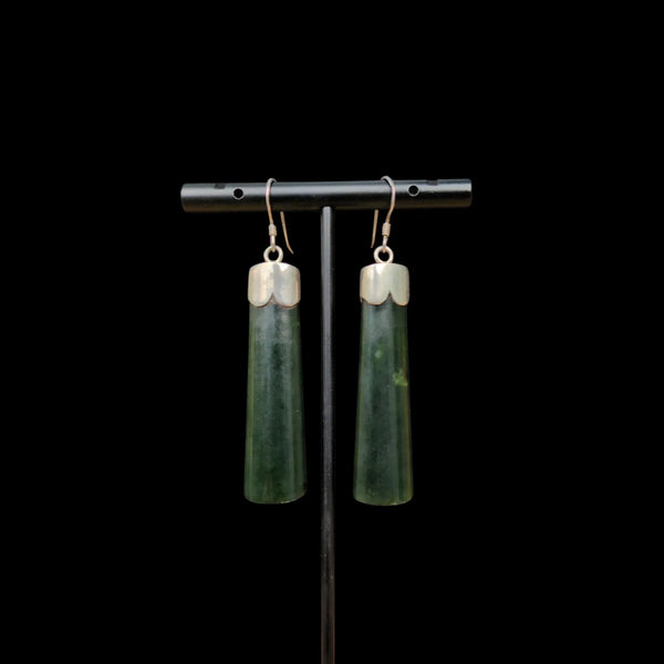 Mau Taringa Sterling Silver and Kawakawa - Pounamu Earrings - Sands Carving Studio