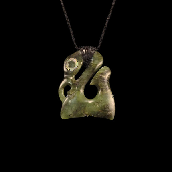 Manaia Matau Kawakawa - Greenstone Gaurdian Fishhook Pendant - Sands Carving Studio