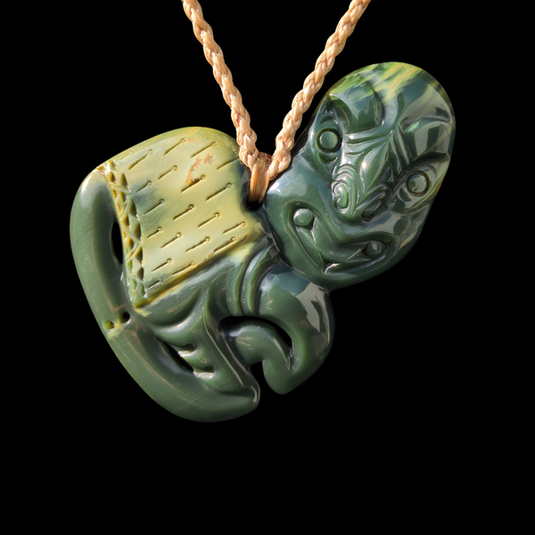 Hei Tiki Flower Jade Inanga - Greenstone Tiki Pendant