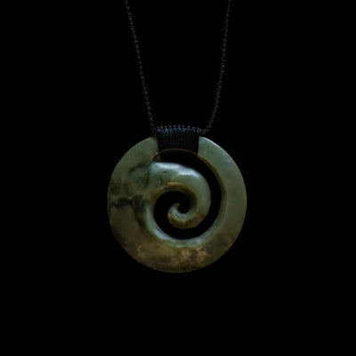 Koru Inanga with Kawakawa Inclusions - Pounamu Spiral Pendant - Sands Carving Studio