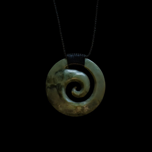 Koru Inanga with Kawakawa Inclusions - Pounamu Spiral Pendant - Sands Carving Studio