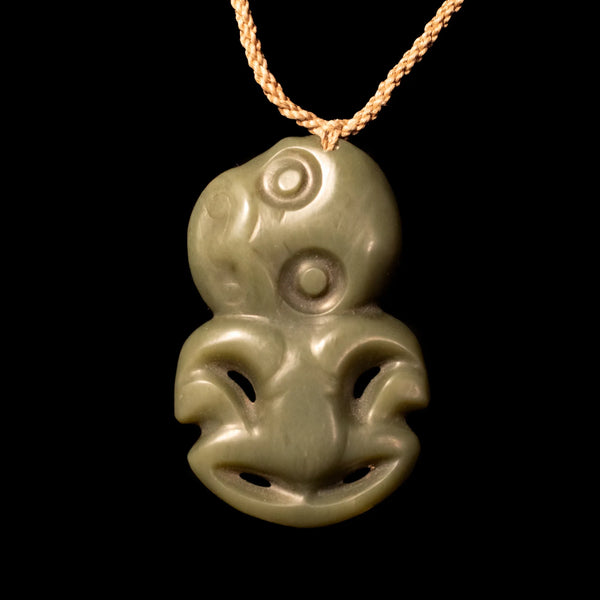 Stone-Tooled Inanga Pounamu Hei Tiki by Layton Robertson - Sands Carving Studio