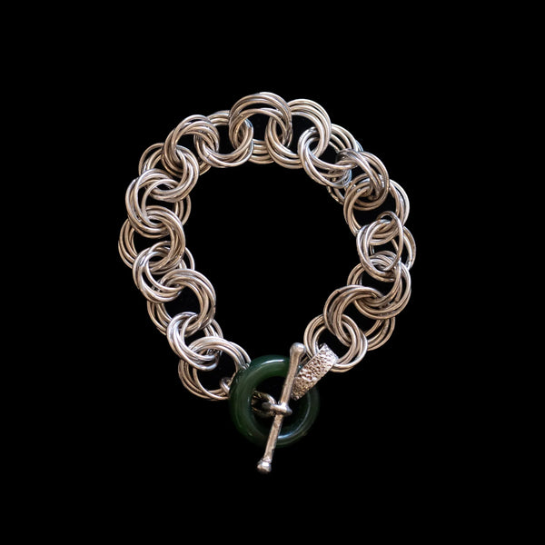 Sterling Silver Chain Link and Pounamu Ring Bracelet - Sands Carving Studio