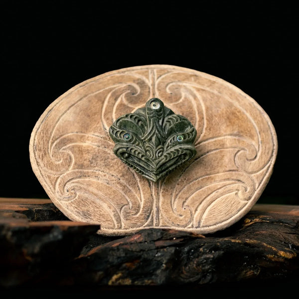 Swamp Kauri, Parāoa, Pounamu Kowhaiwhai Sculpture: Matakite Wheku with Unuanahi Patterns - Sands Signature - Sands Carving Studio