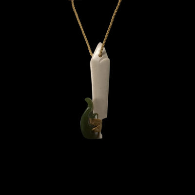 Hei Matau Kahurangi Paikea - Greenstone & Whalebone Fishhook Pendant - Sands Carving Studio