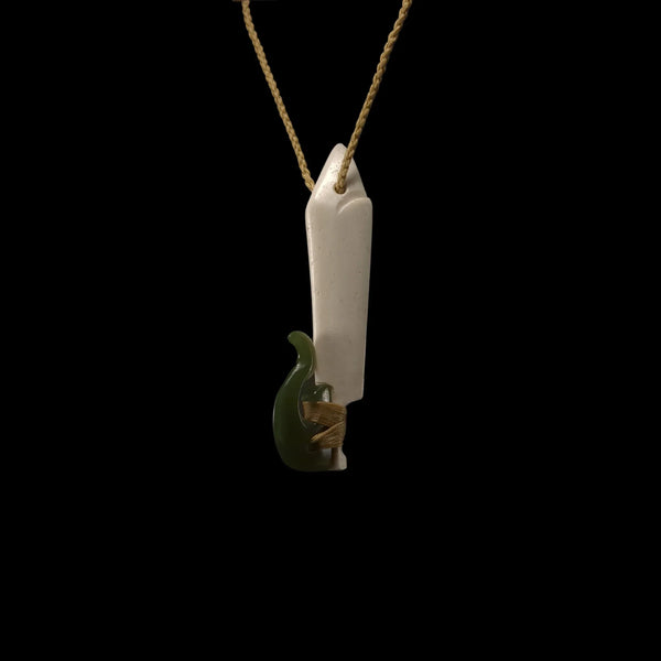 Hei Matau Kahurangi Paikea - Greenstone & Whalebone Fishhook Pendant - Sands Carving Studio