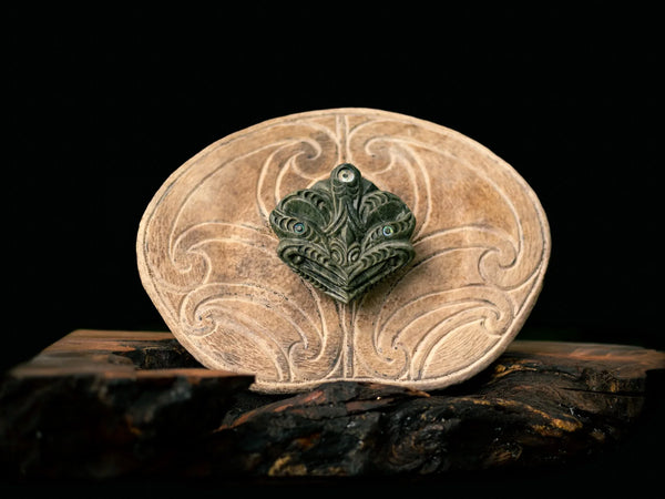 Swamp Kauri, Parāoa, Pounamu Kowhaiwhai Sculpture: Matakite Wheku with ...