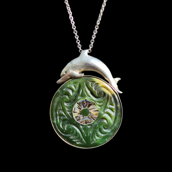 Raukaraka Porohita Dolphin - Greenstone Stirling Silver Pendant