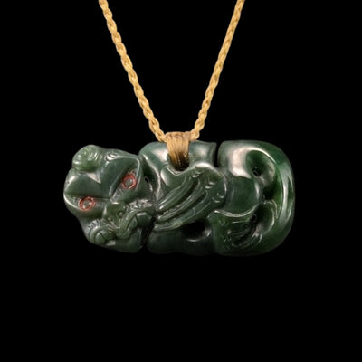 Hei Tiki Kawakawa - Greenstone Tiki Pendant - Sands Carving Studio