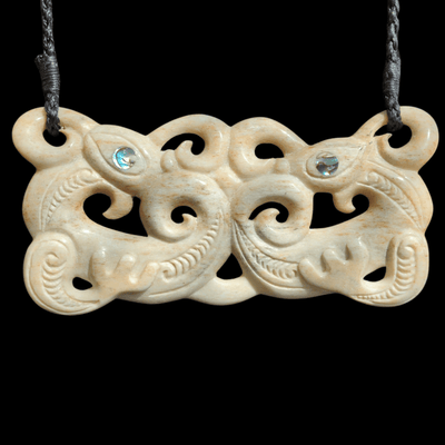 Pekapeka Parāoa - Whale Rib Bone Bat Pendant Front - Sands Carving Studio