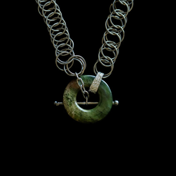 Sterling Silver Chain Link and Raukaraka Pounamu Ring Bracelet - Sands Carving Studio